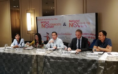 <p>Health Secretary Francisco Duque III speaks during the National No Smoking Month press briefing at the Dusit Thani Hotel in Makati City on Monday (June 3, 2019). <em>(Photo by Teresa Montemayor)</em></p>