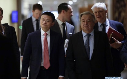 <p><strong>GLOBAL DIGITAL COOPERATION.</strong> Jack Ma (L, front) of China's Alibaba Group and United Nations Secretary-General Antonio Guterres (R, front) arrive to attend a high-level panel on digital cooperation at the UN Headquarters in New York, June 10, 2019. Jack Ma along with Guterres and Melinda Gates of the Gates Foundation joined the discussion on the global digital cooperation for a safer and more sustainable future of the digital industry. <em>(Xinhua/Li Muzi)</em></p>