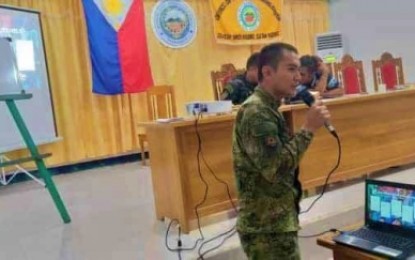 <p><strong>ARMY SUPPORT.</strong> Capt. Alessandro Cruzada, commander of the Army’s 33rd Infantry Battalion - Charlie Company, speaks during the peace and order council meeting at Senator Ninoy Aquino, Sultan Kudarat on Tuesday, June 11. The 33rd IB vowed to support the local government unit’s fight against illegal drugs and communism. <em><strong>(Photo by 33rd IB)</strong></em></p>