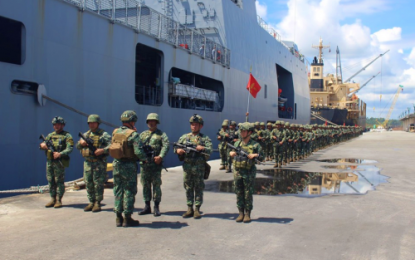 <p><strong>SULU BOUND.</strong> Members of Marine Battalion Landing Team - 7 prepare to board a Philippine Navy ship during send-off ceremonies at the port of Polloc in Maguindanao on Sunday (June 16, 2019). The Marines were sent to Sulu to help crush the terrorist Abu Sayyaf Group. <em>(Photo courtesy of MBLT-7)</em></p>