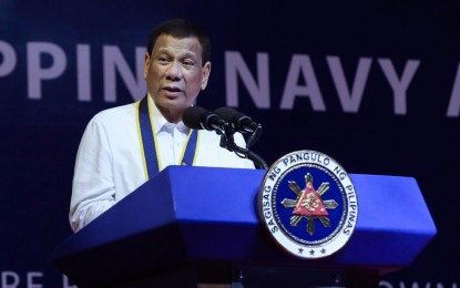 <p>President Rodrigo Roa Duterte delivers his speech during the 121st Philippine Navy Anniversary at the Commodore Rudiardo A. Brown Beaching Area (CRABBA), Naval Base Heracleo Alano in Cavite City on June 17, 2019. <em>(Robinson Niñal/Presidential Photo)</em></p>
<p> </p>