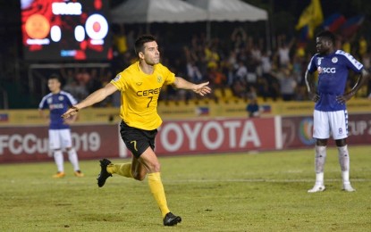<p><strong>GOAL.</strong> Ceres-Negros striker Bienvenido Marañon celebrates after scoring the opener in the 57<sup>th</sup> minute. The hosts settled for a 1-1 draw with Hanoi FC in the first leg of the AFC Cup 2019 ASEAN Zonal semi-finals held at the Panaad Park and Stadium in Bacolod City on Tuesday night. <em>(Photo courtesy of Ceres-Negros FC)</em></p>