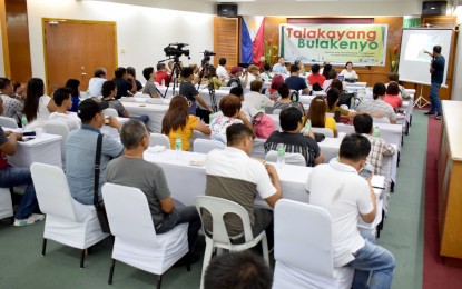 <p><strong>DISASTER PREPAREDNESS.</strong> Metropolitan Waterworks Sewerage System (MWSS) division manager Patrick James Dizon (standing far right) bares their various ongoing projects in Bulacan during a press conference at the Mariano Ponce Hall of Hiyas ng Bulacan Convention Center, City of Malolos, Bulacan on Wednesday (June 19, 2019). During the event, the National Power Corporation allayed the fear of Bulakenyos of a possible dam break in case of a 7.2 magnitude earthquake. <em>(Photo courtesy of the provincial government of Bulacan)</em></p>