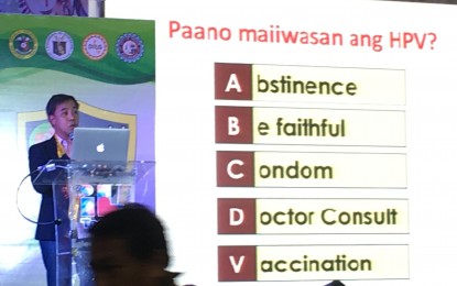 <p>Dr. Erwin de Mesa, president of Philippine Infectious Disease Society for Obstetrics and Gynecology, says vaccines against human papilloma virus are proven safe. He added they have recorded upto 90 percent effectiveness against cervical cancer and 99 percent protection against formation of warts in the genital area. <em>(PNA photo by Ma. Teresa Montemayor)</em></p>