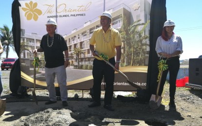 <p><strong>NEW HOTEL IN PANGASINAN.</strong> (From left to right) Department of Tourism-Ilocos Region Director Martin Valera, Alaminos City Mayor Arthur Celeste and Rebecca Lee, president of The Oriental Hotels and Resorts, lead the groundbreaking ceremony for The Oriental Hundred Islands Hotel in Alaminos City, Pangasinan, June 19, 2019. The project is expected to be completed and opened in February next year. <em>(Photo by Liwayway Yparraguirre)</em></p>