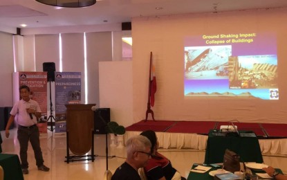 <p><strong>DRRM SEMINAR.</strong> Eduardo Laguerta, Philippine Institute of Volcanology and Seismology resident volcanologist in Legazpi City, discusses the hazards of earthquake and volcano eruption during the one-day Disaster Risk Reduction Management seminar-workshop for mediamen at St. Ellis Hotel in Legazpi City on Tuesday (June 25, 2019). The activity was sponsored by the Office of Civil Defense (OCD) in Bicol. <em>(Photo by Connie Calipay)</em></p>