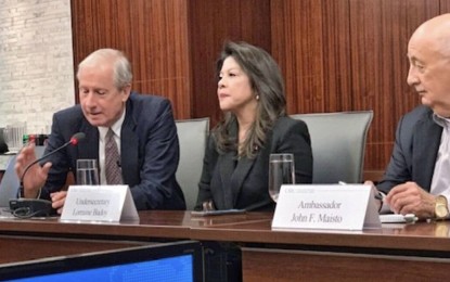 <p>PCOO Undersecretary Lorraine Badoy (center) with US Philippine Society Executive Director Hank Hendrickson (left) and President, Ambassador John Maisto during a forum at the Center for Strategic and International Studies in Washington, DC on June 24.</p>
