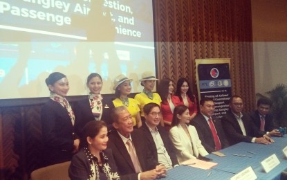 <p><strong>SANGLEY AIRPORT SHOW OF SUPPORT</strong>. Airline executives gather on Wednesday (June 26, 2019) at PICC in Pasay City to sign a "pledge of commitment to support NAIA decongestion, develop Sangley Airport, and improve passenger convenience".  Also in the photo are Tourism Secretary Bernadette Romulo-Puyat (seated left) and Transportation Secretary Arthur Tugade (seated 2nd from left). <em>(Photo by Cristina Arayata)</em></p>