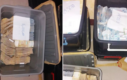 <p><strong>BUSTED.</strong> Law enforces in Caraga Region seize some PHP23 million in cash and other pieces of evidence from the operators of illegal investment firm Forex Rice Trading Wednesday evening in Nasipit, Agusan del Norte. <em>(Photos courtesy of CIDG-Caraga)</em></p>