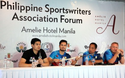 <p><strong>FLOORBALL.</strong>  Floorball Association President Ralph Ramos (left) joins (left to right) player Ryan Hallden, coach Noel Alm Johansson, and team manager Peter Ericksson during the Philippine Sportswriters Association (PSA) Forum at Amelie Hotel-Manila on Tuesday (July 2, 2019).  Floorball officials are hoping to deliver golds for the country in the 30th Southeast Asian Games to be held in the Philippines later this year. <em>(PNA photo Jess Escaros Jr.)</em></p>