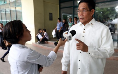 <p><strong>NSA FILES PERJURY CASES. </strong> National Security Adviser Hermogenes Esperon Jr. grants media interview after filing perjury cases against the Rural Missionaries of the Philippines (RMP), Karapatan, and Gabriela before the Quezon City Regional Trial Court on Tuesday (July 2, 2019). Esperon said the complaint was meant to expose the alleged deception of cause-oriented groups about the legitimacy of their activities in the country.<em> (PNA photo by Oliver Marquez)</em></p>