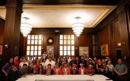 <p><strong>SHARE OUR STORIES.</strong> Tribal leaders pose with members of the Filipino community, in a conference hosted by the Consulate General of the Philippines in New York City on Tuesday (July 2, 2019). They are calling on Filipinos to help end the communist armed conflict in the Philippines. <em>(Photo by Mac Villarino/PCOO)</em></p>