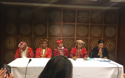 <p><strong>DEFYING THREATS.</strong> Tribal leaders speak before members of the media in a press conference hosted by the Philippine Consulate General in New York City on Tuesday (July 2, 2019). They are in the United States for a series of speaking engagements about the atrocities of the CPP-NPA-NDFP. <em>(PNA photo)</em></p>