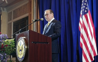 <p>Foreign Affairs Teodoro Locsin, Jr. delivering his toast remarks on the 243rd anniversary of US Independence in Makati City. <em>(PNA photo by Joyce Ann L. Rocamora)</em></p>