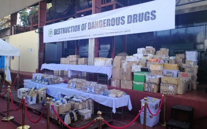 <p><strong>DESTROYED.</strong> Officials of the Philippine Drug Enforcement Agency (PDEA) show assorted pieces of illegal drug evidence worth PHP6.06-billion which were destroyed through thermal decomposition in Trece Martires City, Cavite on Thursday (July 4, 2019). Thermal decomposition, or thermolysis, is the method of decomposition or breaking down of chemical by heat. <em>(Photo courtesy: PDEA)</em></p>