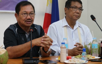 <p><strong>ANTI-INSURGENCY TASK FORCE.</strong> Agriculture Secretary Emmanuel Piñol (left) and Undersecretary Damian Carlos (right), deputy director general of the National Security Council, brief reporters on the launching and first reorganizational meeting of the Regional Task Force in Ending Local Communist Armed Conflict or RTF-ELCAC in Koronadal City on Thursday (July 4, 2019).<em> (PNA Photo by Allen V. Estabillo)</em></p>