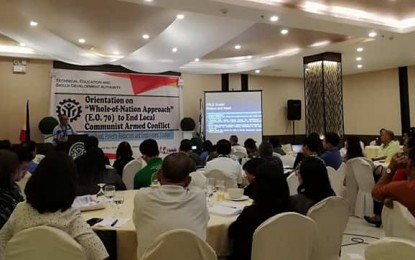 <p><strong>ADDRESSING POVERTY.</strong> Gaspar Gayona, regional director of the Technical Education and Skills Development Authority (TESDA 6), presents livelihood, poverty reduction and employment interventions during the orientation on Executive Order 70 to government agencies in a hotel in this city on Monday (July 8, 2019). TESDA chairs the poverty reduction, livelihood and employment cluster which will identify livelihood suited for villages and implement government programs against poverty and unemployment. <em>(PNA Photo by Gail Momblan)</em></p>