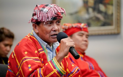 <p><strong>NO COWARD</strong>. Datu Ramon Bayaan, Obu Manuvu tribe leader from Arakan, North Cotabato, says Joma is a coward for abandoning his Motherland and comrades when he fled to The Netherlands after the failed peace talks in 1987. He told Filipino reporters at the Philippine Consulate General in Chicago, Illinois, USA on Monday (July 9) that the lives of indigenous peoples are imprinted on their ancestral lands hence, they will not leave their communities. (PCOO photo by Mac Villarino)</p>