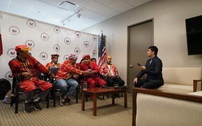 <p><strong>FIGHT VS. INSURGENCY.</strong> Tribal leaders answer questions from the media in a forum hosted by the Consulate General of the Philippines office in Chicago, Illinois on Monday (July 8, 2019). They are travelling across the United States to call on the US government, United Nations, and various international organizations to help end insurgency.<em> (Photo by Mac Villarino/PCOO)</em></p>