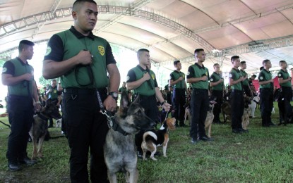 <p><strong>PARTNER IN ANTI-DRUG CAMPAIGN. </strong>K9 handlers and their partner-drug sniffing dogs queue up at the welcome ceremony for new members of the K9 interdiction unit of the Philippine Drug Enforcement Agency (PDEA) at the Zemog K9 Training Center in Sitio Puting Bato, Inarawan, Antipolo City on Wednesday (July 10, 2019). The newly-recruited PDEA K9 handlers and their narcotic detection dogs have undergone six months of intensive training in preparation for anti-illegal drug operations. <em>(PNA photo by Joey O. Razon)</em></p>
