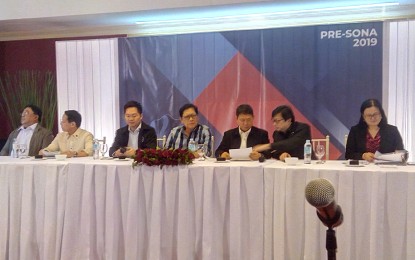 <p><strong>PRE-SONA PRESSCON.</strong> Cabinet members, headed by Cabinet Secretary Karlo Nograles (third from left), hold a press conference after the pre-SONA forum in Cebu on Wednesday (July 10, 2019). With Nograles are (from left) Secretaries John Castriciones (DAR), Francisco Duque III (DOH), Silvestre Bello III (DOLE), Eduardo Año (DILG), Michael Dino (Presidential adviser for Visayas), and Janet Abuel (DBM). <em>(Photo by Luel Galarpe)</em></p>