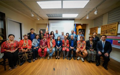 <p><strong>‘BE OUR VOICE.’</strong> Tribal leaders pose with members of the Filipino community, in a forum hosted by the Philippine Consulate General in San Francisco, California on Wednesday (July 10, 2019). They appealed to Filipinos to help expose the atrocities of the CPP-NPA-NDF. <em>(Photo by Mac Villarino/PCOO)</em></p>