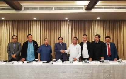<p><strong>SOLVING JOB MISMATCH.</strong> Leaders of both the employer and labor sectors during a media interview at the Holiday Inn and Suites in Makati City on Thursday (July 11, 2019). The two sectors, often involved in conflicting views, are united in seeking a solution to underemployment and job mismatch. <em>(PNA photo by Christine Cudis)</em></p>