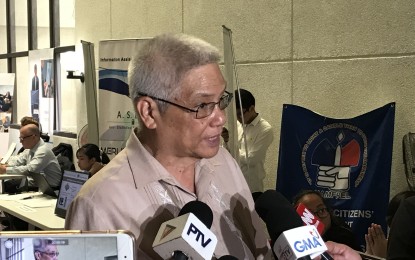 <p><strong>AES PROVIDERS. </strong>DICT Undersecretary Eliseo Rio, Jr., answers questions from the media about the DICT’s featured AES providers. <em>(Photo by Raymond Carl Dela Cruz)</em></p>