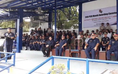 <p><strong>POLICE COMMUNITY RELATIONS</strong>. Philippine National Police Deputy Chief for Operations Lt. Gen. Archie Francisco Gamboa graces the 24th PCR Month Awarding Ceremony at the Police Regional Office (PRO-7) headquarters in Camp Sergio Osmeña Sr., Cebu City on July 15, 2019. Gamboa commended the efforts of the Police Community Relations (PCR) in tapping various stakeholders in support to the PNP's peace and development campaign. <em>(Screengrab from video courtesy of PRO-7 PIO)</em></p>