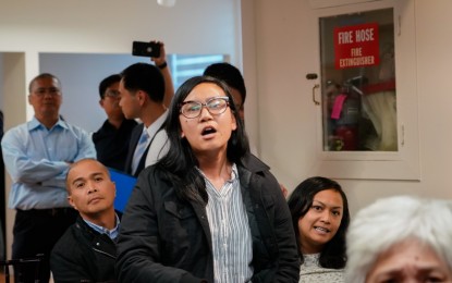 <p><strong>‘INTRUDER.’</strong> A Filipino-American shouts “stop spreading lies” in front of tribal leaders who were speaking up against the atrocities of the CPP-NPA in a forum in San Francisco, California on July 10. The tribal leaders stood their ground and rallied the Filipino community to resist the narratives of leftist organizations. <em>(Photo by Mac Villarino/PCOO)</em></p>
