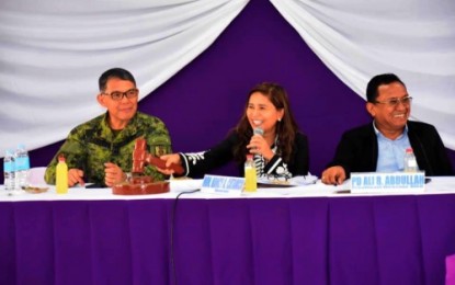 <p><strong>PEACE AND DEVELOPMENT.</strong> North Cotabato Governor Nancy Catamco (center) speaks during the Provincial Peace and Order Council meeting on Monday (July 15), while Maj. Gen. Diosdado Carreon (left) and Department of the Interior and Local Government provincial officer Ali Abdullah (right) listen. The governor vowed to support all peace and development efforts in the province.<em> (Photo courtesy of North Cotabato PIO)</em></p>