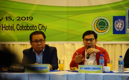 <p><strong>LOCAL CODE PREPARATION.</strong> Bangsamoro Autonomous Region in Muslim Mindanao Chief Minister Ahod “Murad” Ebrahim (left) listens as BARMM Ministry of the Interior and Local Government Minister Naguib Sinarimbo (right) speaks during the opening session for the drafting of the Bangsamoro local government code in Cotabato City on Monday (July 15, 2019). <em>(Photo courtesy of the United Bangsamoro Justice Party)</em></p>