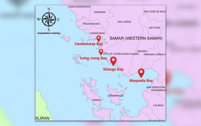 <p><strong>RED BLOOM.</strong> The map shows the five bays in Samar province hit by the red tide infestations. Heavy downpour after prolong dry season has triggered the recurrence of the red tide phenomenon in these areas. <em>(Photo courtesy of Bureau of Fisheries and Aquatic Resources)</em></p>