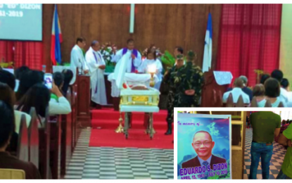<p><strong>LAID TO REST.</strong> A requiem mass held for slain broadcaster Eduardo “Ed” Dizon (inset) before his burial at a memorial park in Kidapawan City on Wednesday, July 17, 2019. The radio commentator was gunned down by still unidentified attackers on July 10 while on his way home that night from his radio program at the Brigada FM station in the city. <em>(Photo courtesy of Brigada News FM Kidapawan)</em></p>