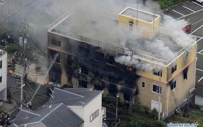 <p><strong>ANIME STUDIO FIRE.</strong> Firefighters extinguish a fire at an animation studio in Kyoto, Japan on Thursday (July 18, 2019). The suspected arson has left several people dead and injured more than 30, some of them seriously, according to local media reports. <em>(Kyodo News via Xinhua)</em></p>