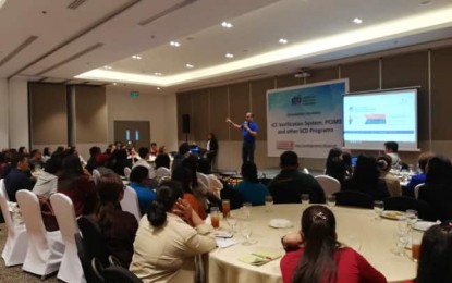 <p><strong>ICC VERIFICATION SYSTEM. </strong>Neil Catahay, chief of the Standards Conformity Division of the Department of Trade and Industry Bureau of Philippine Standards on Thursday (July 18, 2019) briefs the participants about the new system to hasten the verification of certified products. The system will make it possible for consumers to verify the authenticity of an Import Commodity Clearance (ICC) and is now available through an application that can be downloaded to Android phones. <em>(PNA photo by Perla G. Lena)</em></p>