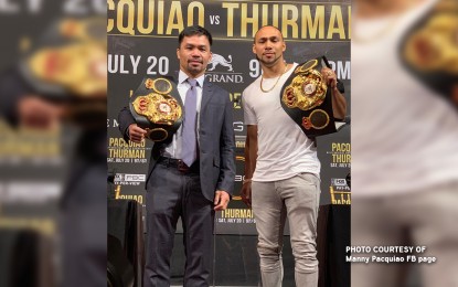 <p>Filipino boxing champion Manny Pacquiao (left) and his American opponent, Keith Thurman.</p>