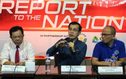 <p><strong>DRUG-FREE MANILA</strong>. Manila Mayor Isko Moreno (center) says his administration will work hard to make the country's capital drug-free, during a news briefing held at the National Press Club in Intramuros, Manila on Friday (July 19, 2019). Domagoso said drug pushers and dealers have no place in Manila.<em> (PNA photo by Gil Calinga)</em></p>