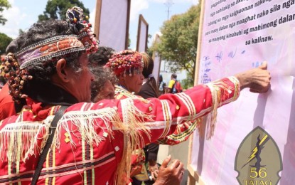 <p><strong>PEACE RALLY.</strong> Indigenous people (IP)  sign a declaration making the CPP-NPA as persona non grata in a peace rally in Talaingod, Davao del Norte, on Saturday (July 20, 2019). <em>(Photo from 1003rd Infantry Brigade)</em></p>