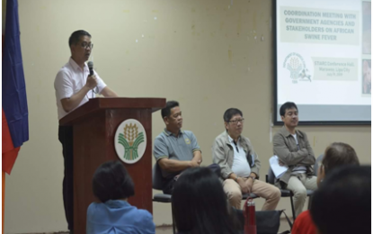 <p><strong>AFRICAN SWINE FEVER</strong>. Department of Agriculture (DA) Calabarzon Regional Executive Director Arnel de Mesa addresses the multi-sector coordination meeting with government agencies and stakeholders which crafted a regional action plan against threat of African swine fever (ASF) to the Calabarzon provinces of Cavite, Laguna, Batangas, Rizal, and Quezon at the Southern Tagalog Integrated Agricultural Research Center (STIARC) in Lipa City, Batangas on July 19, 2019. The DA has been implementing measures to protect the hogs and swine sector from diseases.<em> (Photo courtesy of DA4A)</em></p>