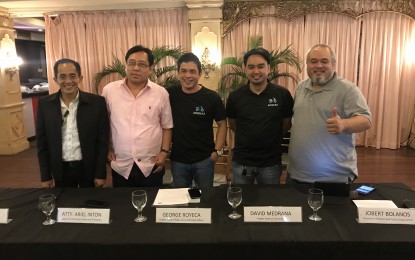 <p><strong>SUB-400CC MOTORCYCLE BAN IN SLEX. </strong>(From left to right) Ariel Lim from Usapang Transport Poe, Commuter Safety and Protection lawyer Ariel Inton, Angkas head of regulatory and public affairs George Royeca, Angkas head of operations David Medrana and Motorcycle Rights Organizations chair Jobert Bolanos give their statements on the recent enforcement of the ban on sub-400cc in Osmeña highway from Magallanes southward to Sales Interchange during a press conference at the Ilustrado restaurant in Intramuros, Manila on July 24, 2019. <em>(Photo by Raymond Carl Dela Cruz)</em></p>