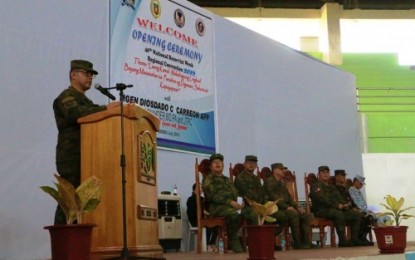 <p><strong>VOLUNTEERISM.</strong> Maj. Gen. Diosdado Carreon, commander of the Army’s 6ID, speaks during the observance of the National Reservist Week in Isulan, Sultan Kudarat on Wednesday (July 24, 2019). The military official prodded the reservists to keep aflame the spirit of volunteerism among them. <em>(Photo courtesy of 6ID)</em></p>