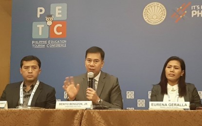 <p><strong>EDUCATION TOURISM.</strong> Department of Tourism (DOT) Undersecretary Benito Bengzon Jr. (center) answers questions during a press briefing on the sidelines of the 1st Philippine Education Tourism Conference (PETC) 2019 in Jpark Island Resort and Waterpark in Lapu-Lapu City, Cebu on Monday (July 29, 2019). With Bengzon are DOT-7 Regional Director Shahlimar Hofer Tamano and Eurenia Geralla, president of English Philippines.<em> (PNA photo by John Rey Saavedra)</em></p>