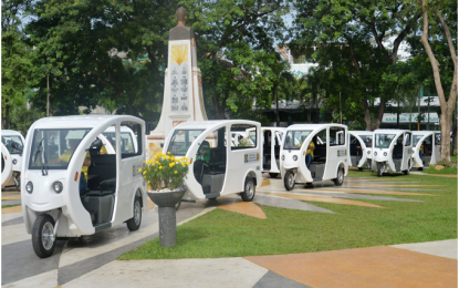 <p><strong>E-TRIKES</strong>. Some 50 electric or e-trikes have been turned over by the Department of Energy (DOE) to Batangas City, as the one of the local government recipients under the DOE Market Transformation through Introduction of Energy Efficient Electric Vehicles Project during formal turnover and blessing rites at the City Plaza Mabini Monday (July 29, 2019). The three-wheeled e-trikes are environment-friendly as they use electricity instead of gasoline or diesel to reduce carbon emissions in the environment. <em>(Photo by Maroe T. Genosa)</em></p>