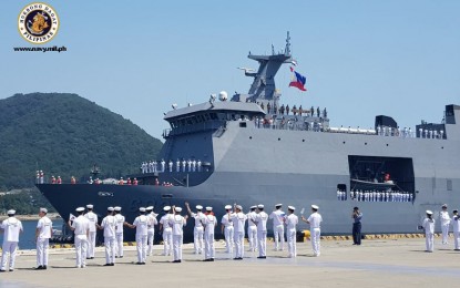 <p><strong>ANOTHER MISSION.</strong> Fresh from its successful participation in the recent Russian Navy Day celebration in Vladivostok, Russia, BRP Davao Del Sur arrives at Jinhae Naval Base, South Korea for another mission on Friday (Aug. 2, 2019).  The Philippine Navy’s strategic sealift vessel is tasked to escort home the newly-acquired BRP Conrado Yap (PS-39) donated by South Korea. <em>(Photo courtesy of Naval Public Affairs Office)</em></p>