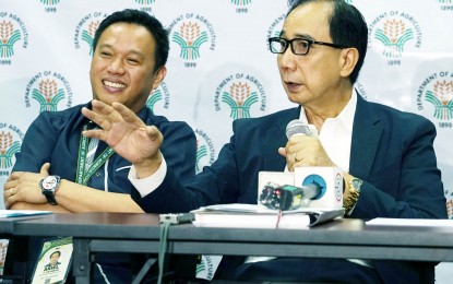 <p><strong>NEW THINKING IN AGRICULTURE.</strong> Newly appointed Agriculture Secretary Dr. William Dar <em>(right)</em> introduces the "new thinking" in agriculture for the country to attain food security during his first press briefing held at the Bureau of Soils and Water Management office in Quezon City on Tuesday <em>(Aug. 6, 2019</em>). With him is DA Undersecretary for Operations Ariel Cayanan. <em>(PNA photo by Ben Briones)</em></p>