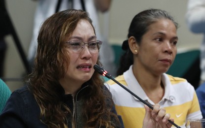 <p><strong>MISSING MINORS.</strong> Parents become emotional as they tell the stories of their children, mostly senior high school and college students, who went missing and were believed recruited by leftist groups, during the Senate joint hearing presided by Senator Ronald Bato dela Rosa, chairman of the Senate Committee on Public Order and Dangerous Drugs, and Senate Committee on National Defense and Security at the Senate in Pasay City on Wednesday (August 7, 2019). Photo shows Mrs. Relissa Lucena, who becomes emotional while talking about her missing daughter. <em>(PNA photo by Avito C. Dalan)</em></p>