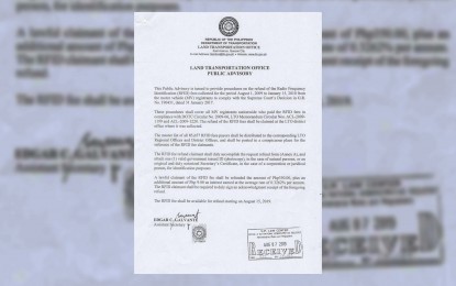<p><strong>RFID REFUNDS START AUG. 15</strong>. A copy of a public advisory from the LTO on the refund of PHP359 for those who paid RFID fees from August 1, 2009 to January 15, 2010.<em> (Document courtesy of DOTr)</em></p>