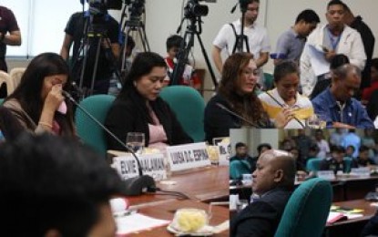 <p><strong>MOTHERS IN GRIEF. </strong>Parents cry as they tell the stories of their daughters who allegedly abandoned their families and school to join leftist group Anakbayan, during a Senate hearing on missing minors last week. The mothers expressed hope they would be reunited with their missing daughters soon. <em>(PNA photo by Avito C. Dalan)</em> </p>