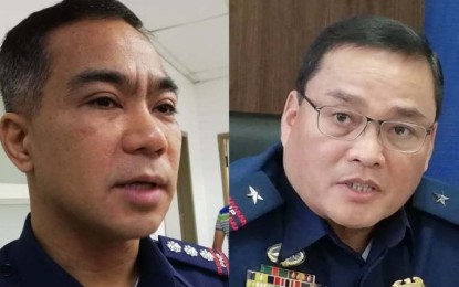 <p><strong>PERSONA NON GRATA.</strong> Police Regional Office (PRO)-6 Regional Director, Brig. Gen. Rene Pamuspusan (right), supports Col. Martin Defensor, Iloilo City Police Office (ICPO) director, in declaring the Communist Party of the Philippines-New People's Army unwelcome in Iloilo City on Monday (August 19, 2019). Pamuspusan assured that the police is doing its role in preventing rebels' recruitment of the youth through its Community Support Program teams. <em>(PNA photo by Gail Momblan)</em></p>